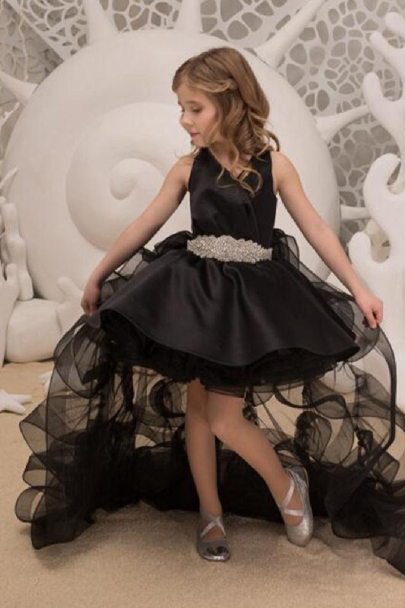 High-Low Satin Detachable Ruffle Tulle Flower Girl Dresses 815498849494 - 7 Days / Black / 2 - COCOMELODY